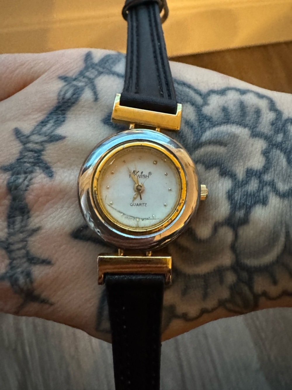Two-Tone Gold & Silver Round Face Quartz Watch with Black Leather Strap - Picture 1 of 1